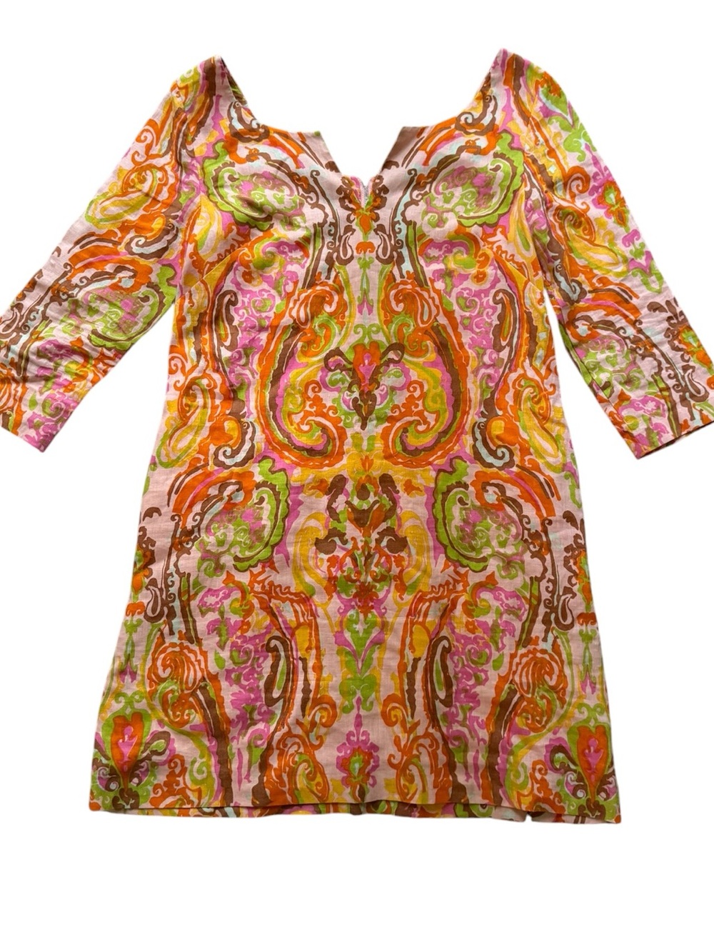 J.Crew Watercolor Paisley Linen Dress Size 8 Pink Orange Green 3/4 Sleeve